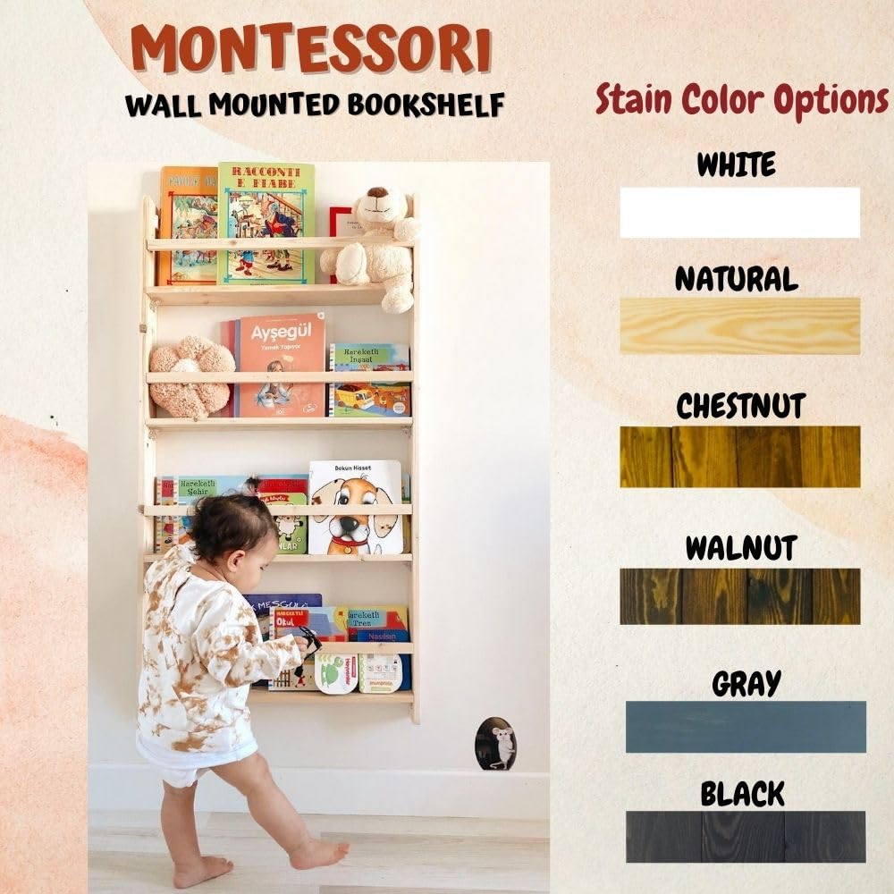 Handmade Solid Wood Montessori Wall-Mounted Bookshelf for Kids - 4 Tier Natural Pine Organiser Furpinea