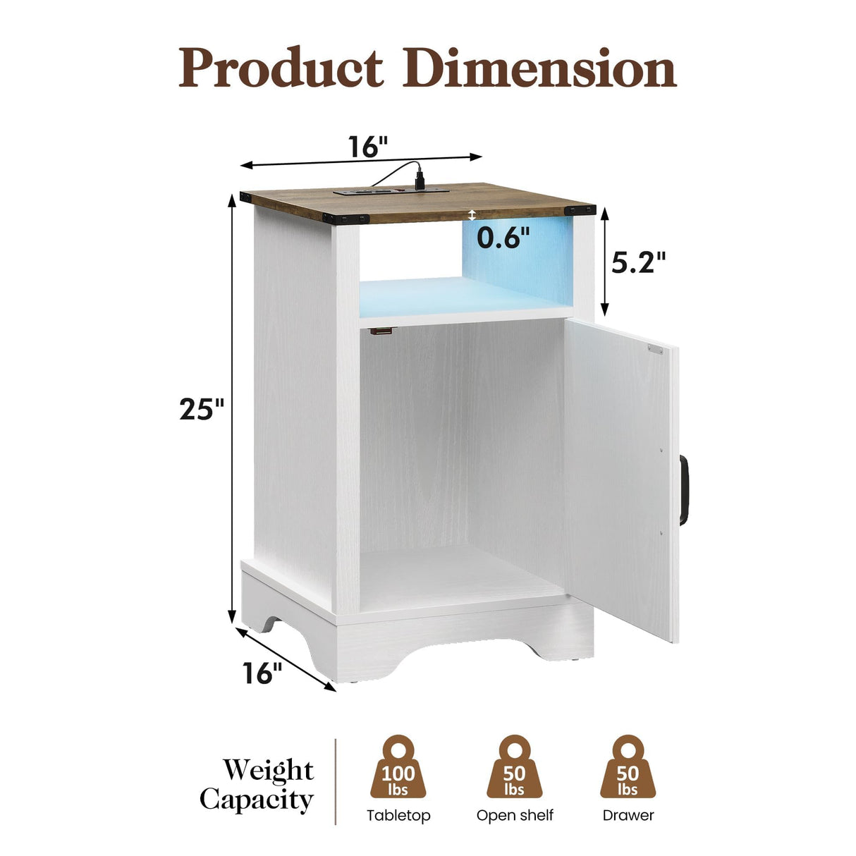 RoyalCraft Farmhouse Nightstand, White Night Stand with LED Lights and Charging Station, Bedside Table Set of 1 with Storage and Door, Wood End Table for Bedroom, Home Office, Antique White RoyalCraft