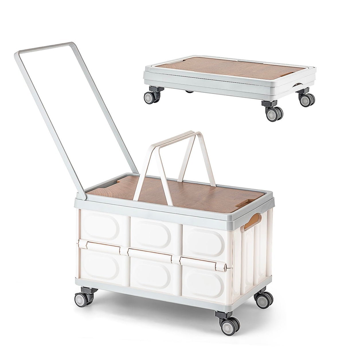 Foldable Utility Cart with Wooden Cover,Folding Portable Rolling Crate with 360° Swivel Wheels,Foldable Camping Basket Supplies,Portable Storage Crate Containers for Camping,Shopping,Office Fanboxk