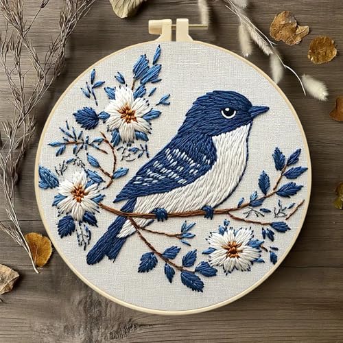 jinglinhh Embroidery Starter Kit Tit Bird Flowers for Adult Beginners, DIY Stamped Cross Stitch Kit Kit with Hoops, Threads & Embroidery Cloth, Needlework Craft Gift for Women