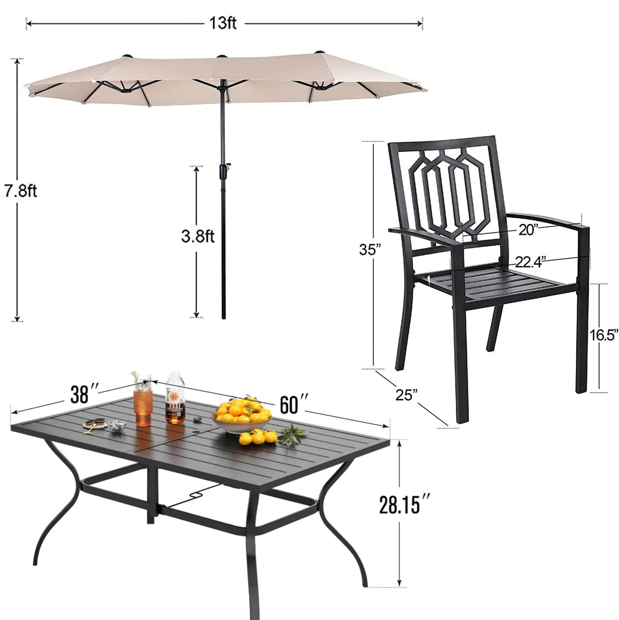 PHI VILLA Patio Dining Set 8 PCS with 13ft Double-Sided Patio Umbrella(Beige),Metal Outdoor Dining Set - 6 x Outdoor Stackable Chairs, 1 x 60"x38"Rectangle Dining Table and 1 Umbrella PHI VILLA