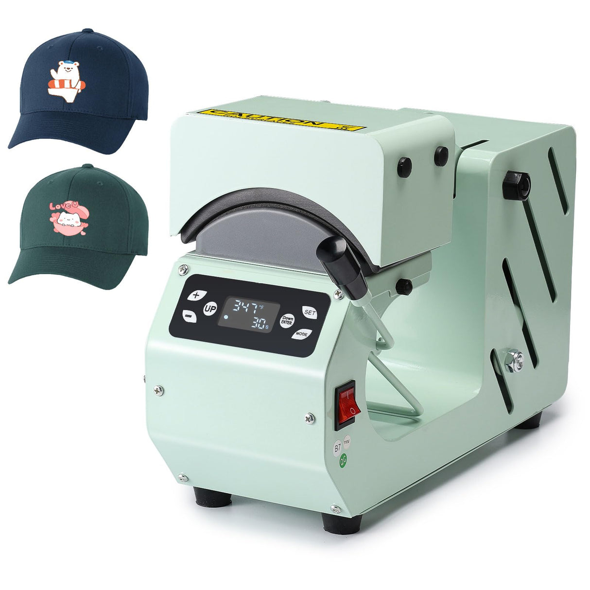 OFFNOVA Hat Heat Press Machine for Caps with 2 Interchangeable Platens, Temp & Time Control with Auto Countdown, Efficient Heat Transfer for HTV Iron On and Sublimation Projects (Auto-Green) OFFNOVA