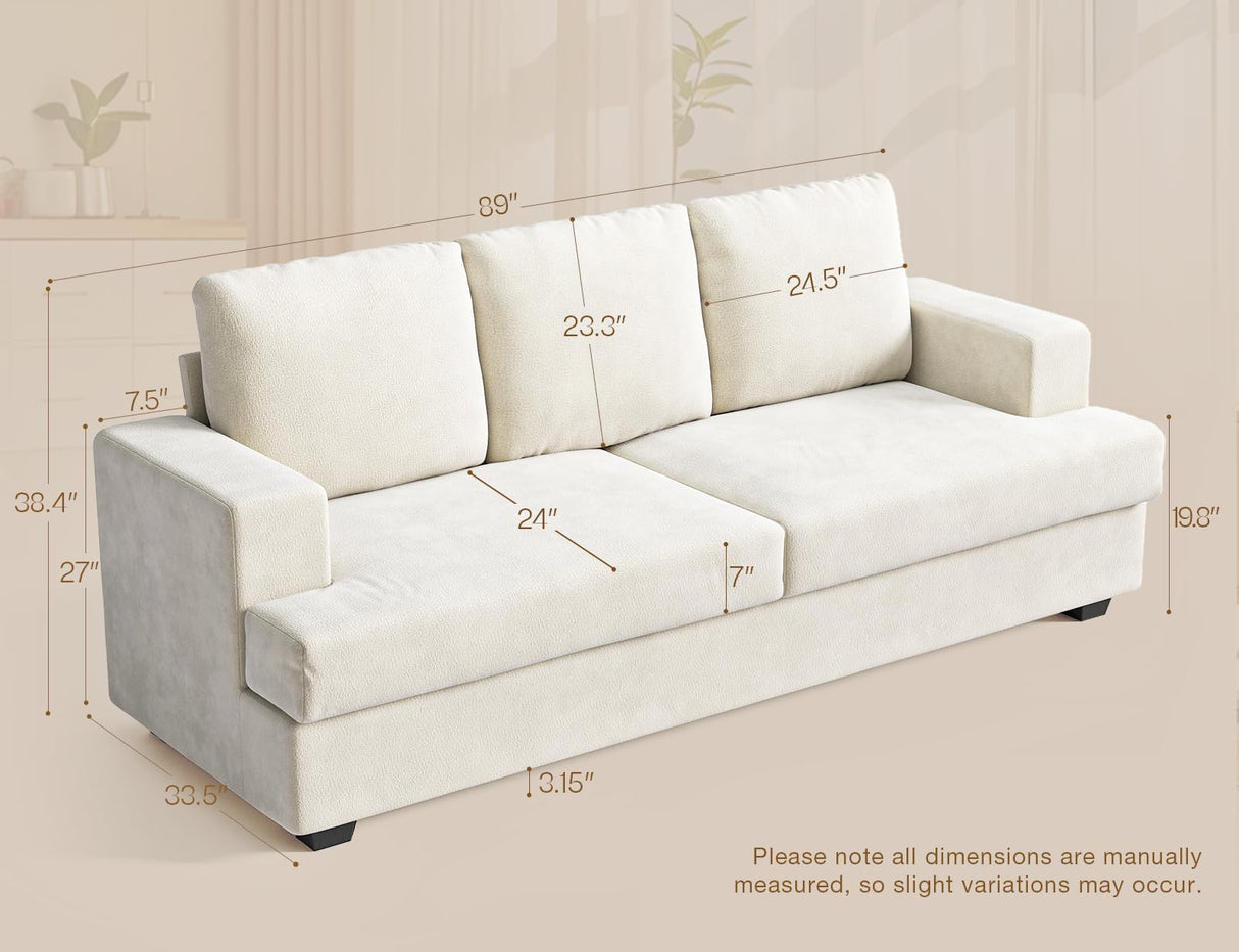 Comkei 89" 3 Seater Couches for Living Room Sofas Comfy Sectional Couch with 24" Deep Seat Loveseat Sofa for Small Apartment, Cream White Comkei
