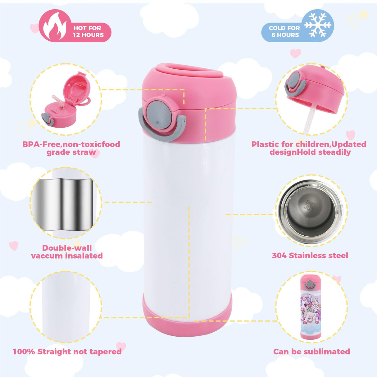 Lilsofee 24 Pack 12 OZ Sublimation Straw Sippy Cup Spill Proof Blank Tumblers Mixed Color Stainless Steel Thermoses for Hot Drinks Bulk Double Wall Vacuum Insulated Water Bottle for School Lilsofee