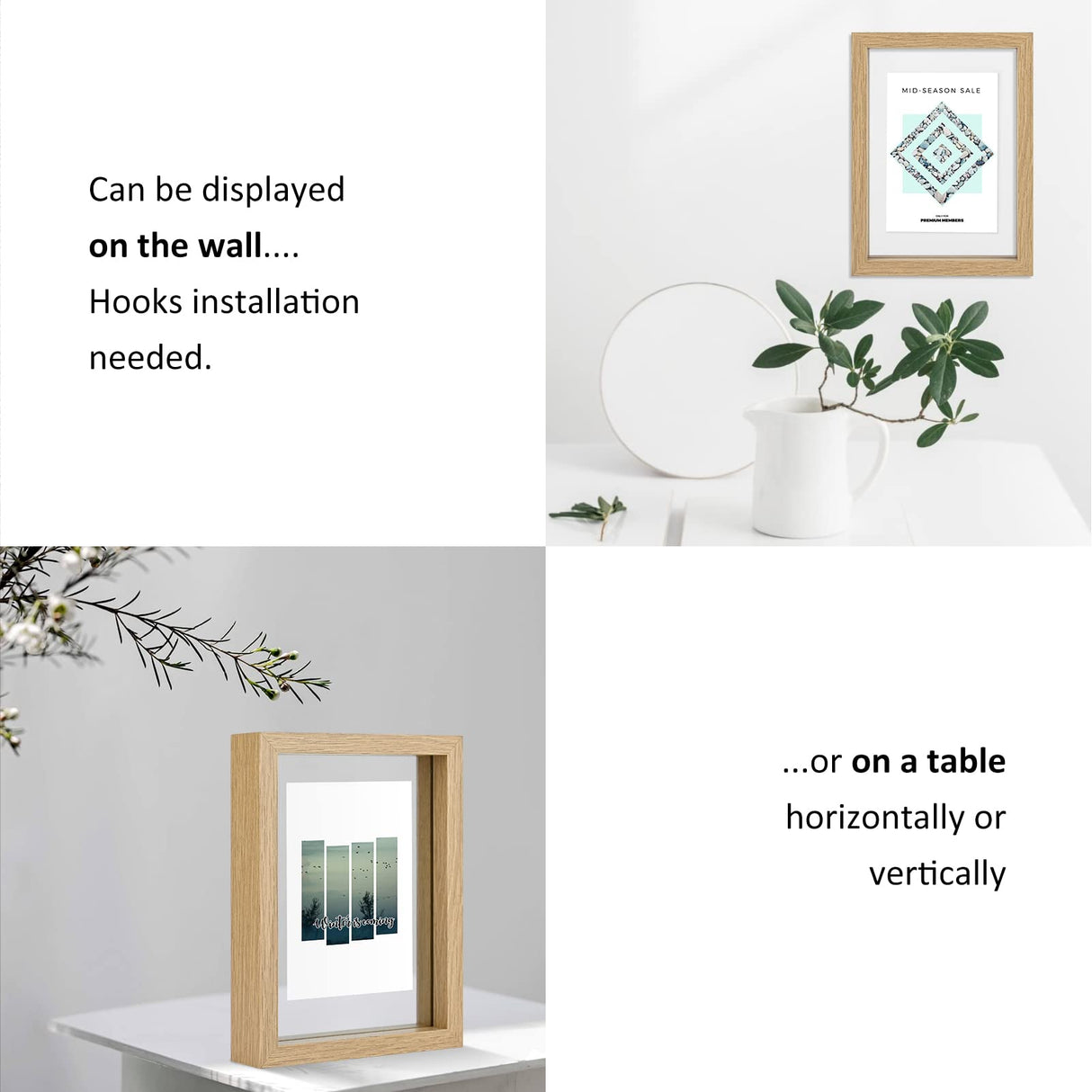 MUYE 5x7 Floating Frame Set of 2,Double Glass Rustic Photo Frame for Wall Hanging or Tabletop Standing,Also Display 4x6 or 3x5 Photo for Floating Effect,Natural MUYE