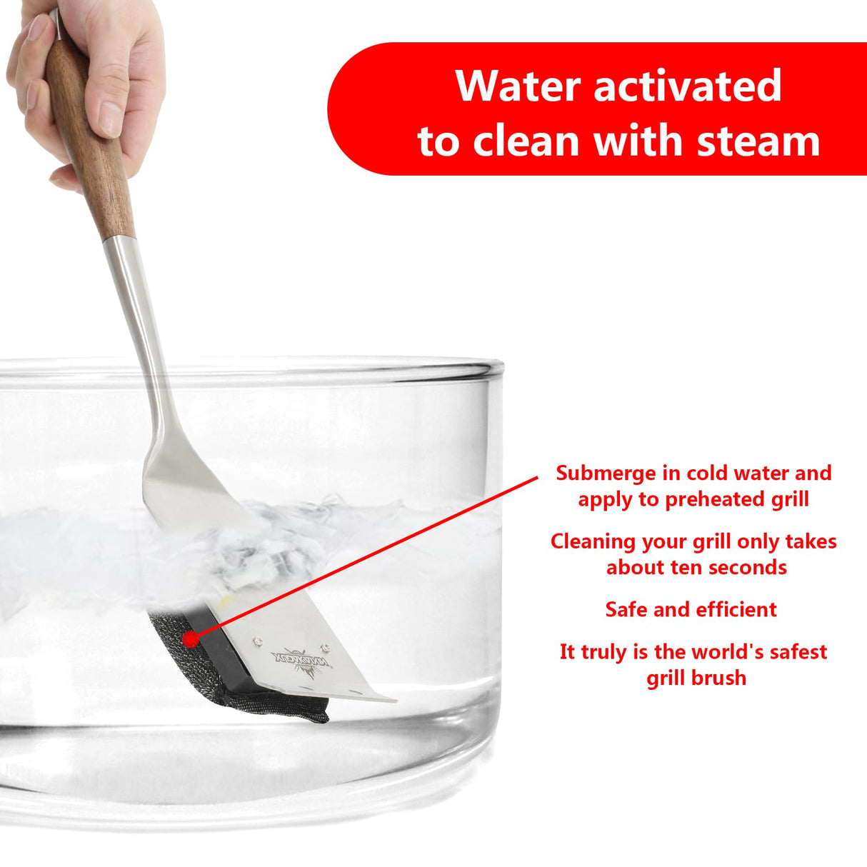 XUDAKAIXIN Grill Brush Bristle Free,Unique Steel Fibers Pad Perfect for Grill Grates/Blackstone Griddle - with Strong Stainless Steel Wooden Handle and 1 Cleaning Head,Grill Brush for Outdoor Grill XUDAKAIXIN