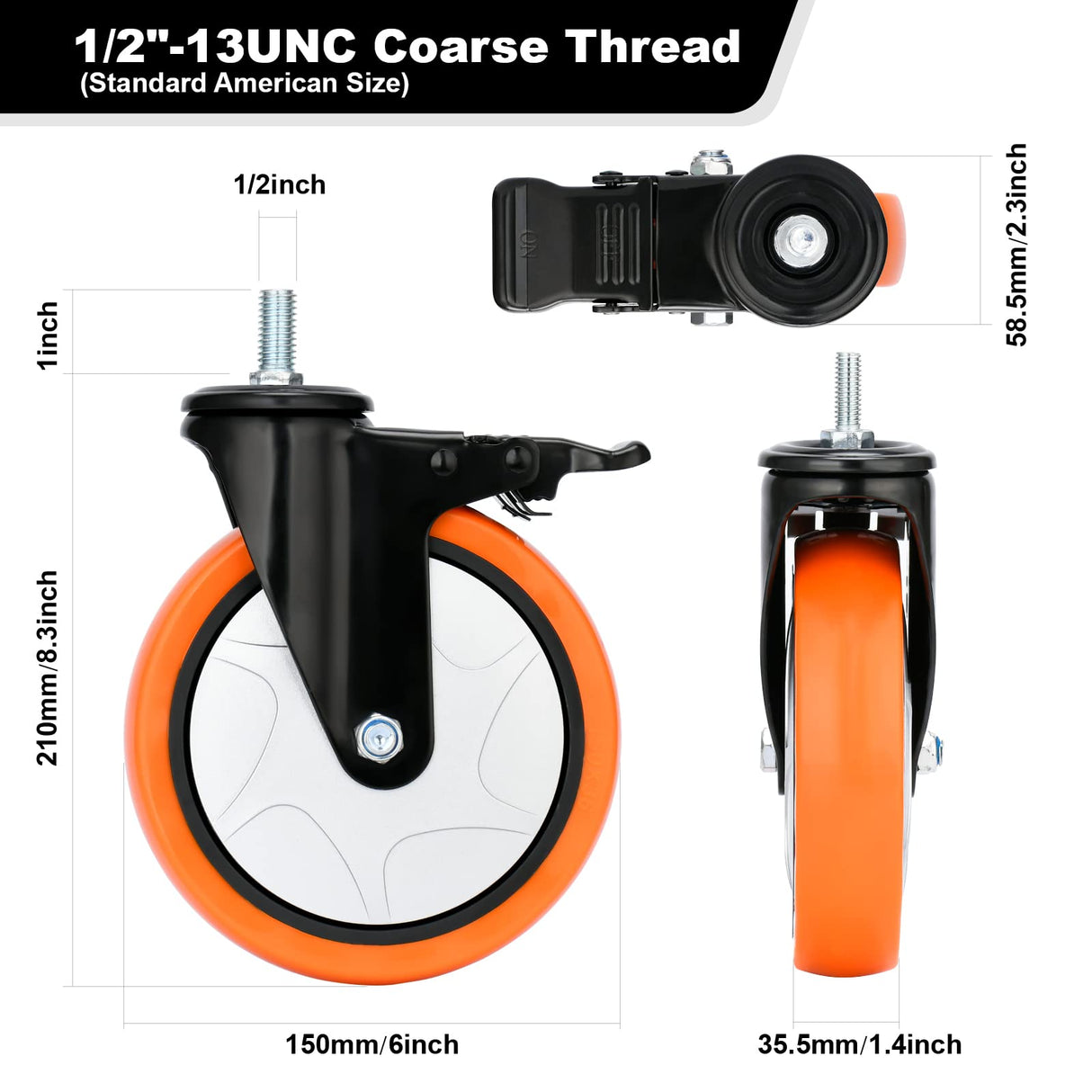 6 Inch Caster Wheels 2800Lbs, Heavy Duty Threaded Stem Casters Set of 4, 1/2"-13 x 1 (Screw Diameter 1/2", Stem Length 1"), Safety Dual Locking Industrial Castors, Wheels for Cart, Furniture Moogiitools