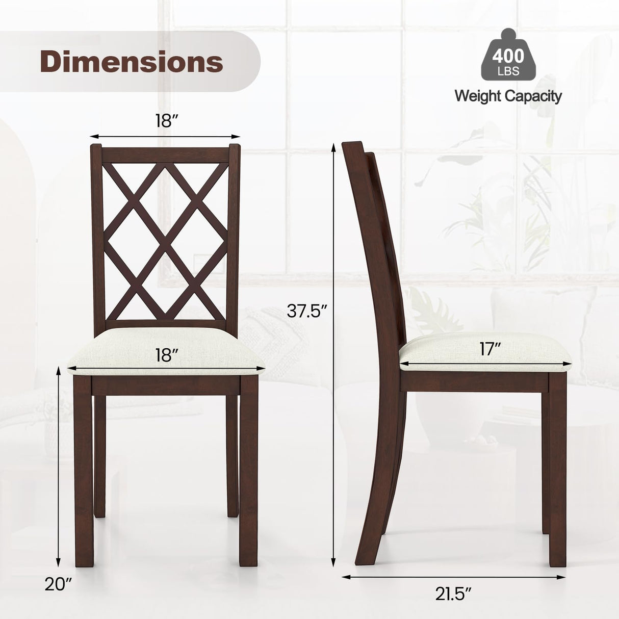 Giantex Wood Dining Chairs Set of 2, Farmhouse Kitchen Chair with Rubber Wood Legs, Max Load 400 Lbs, Armless Wooden Dining Side Chairs w/Cushion Seat, High Back Upholstered Dining Room Chair, Walnut Giantex