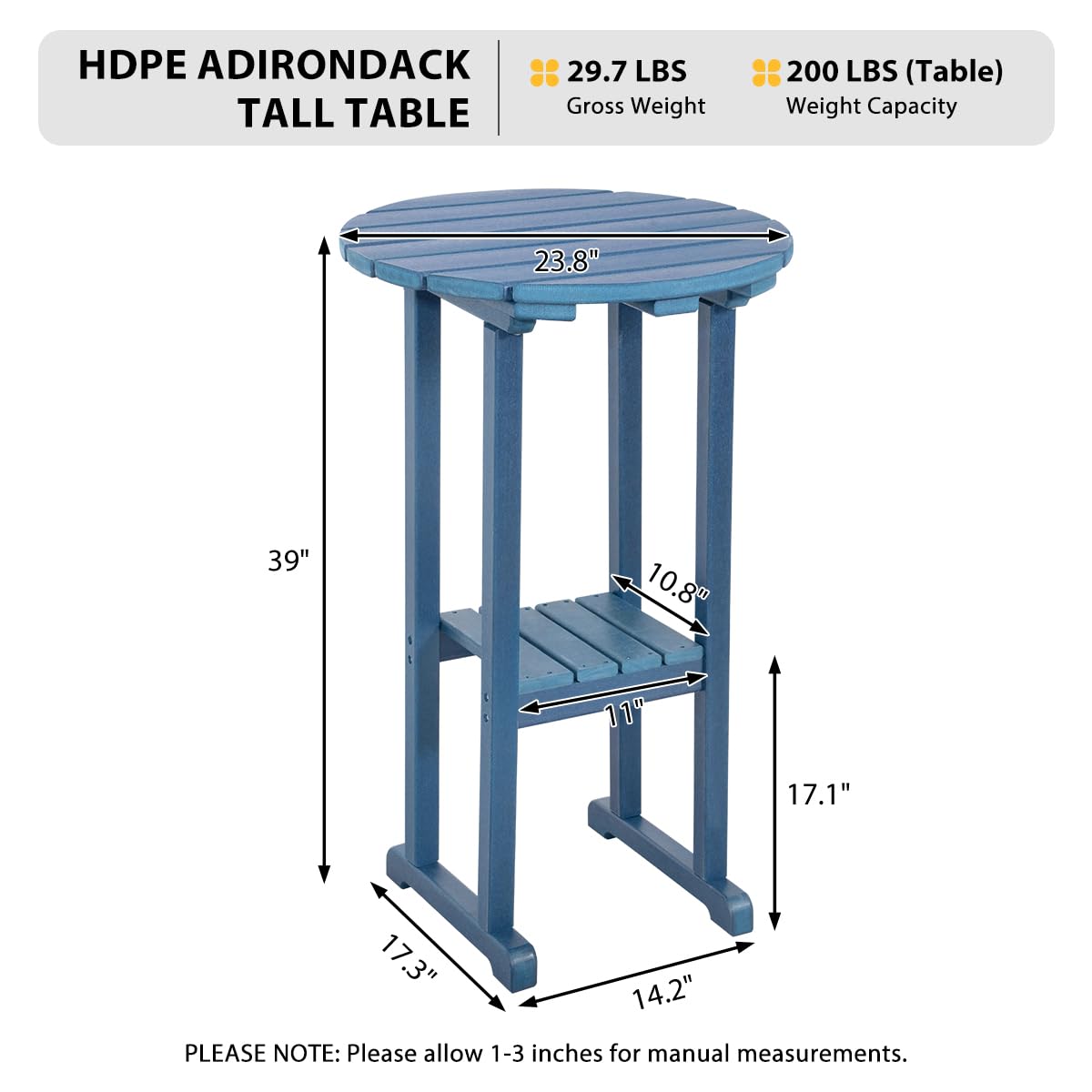 Sundale Outdoor 39 Inches Height Adirondack Bar Table, Patio HDPE Pub Height Round, All Weather High Top Bistro Desk for Outside Table Porch Balcony Poolside, Navy Blue Sundale Outdoor