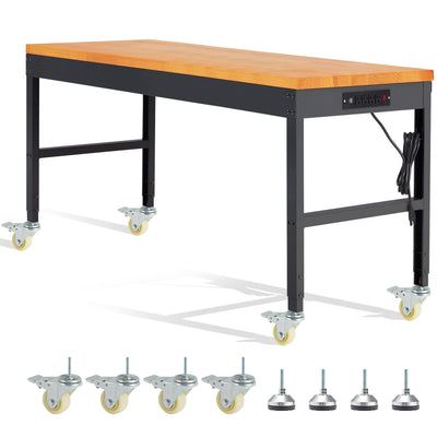 AHB 60" Rolling Workbench Adjustable Height, Oak Wood Work Table with Power Outlets, Max 2000 LBS, Heavy Duty Work Bench for Garage Office Home, with Wheels & Feet(Black 60"x 22")