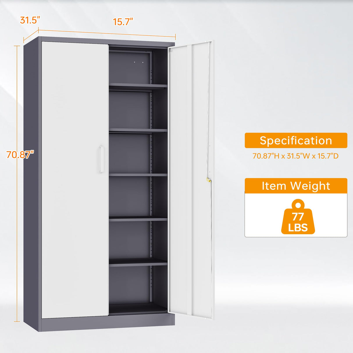 STANI Metal Garage Storage Cabinet with Lock, 71" Steel Lockable File Cabinet, Locking Steel Storage Cabinet with 4 Adjustable Shelves for Home, Office, Warehouse, Garage, School (White+Grey) STANI