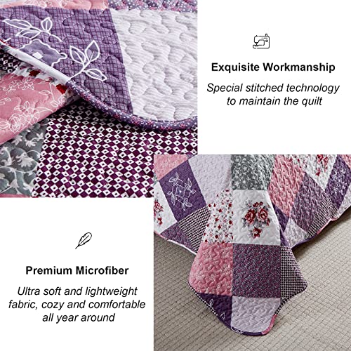 Dinjoy Purple Quilt Set Queen Size, Reversible Floral Plaid Patchwork Pattern Bedding Set Soft Microfiber Lightweight Bedspread Coverlet 3 Piece Spring Summer Use (90x90 inches) Dinjoy