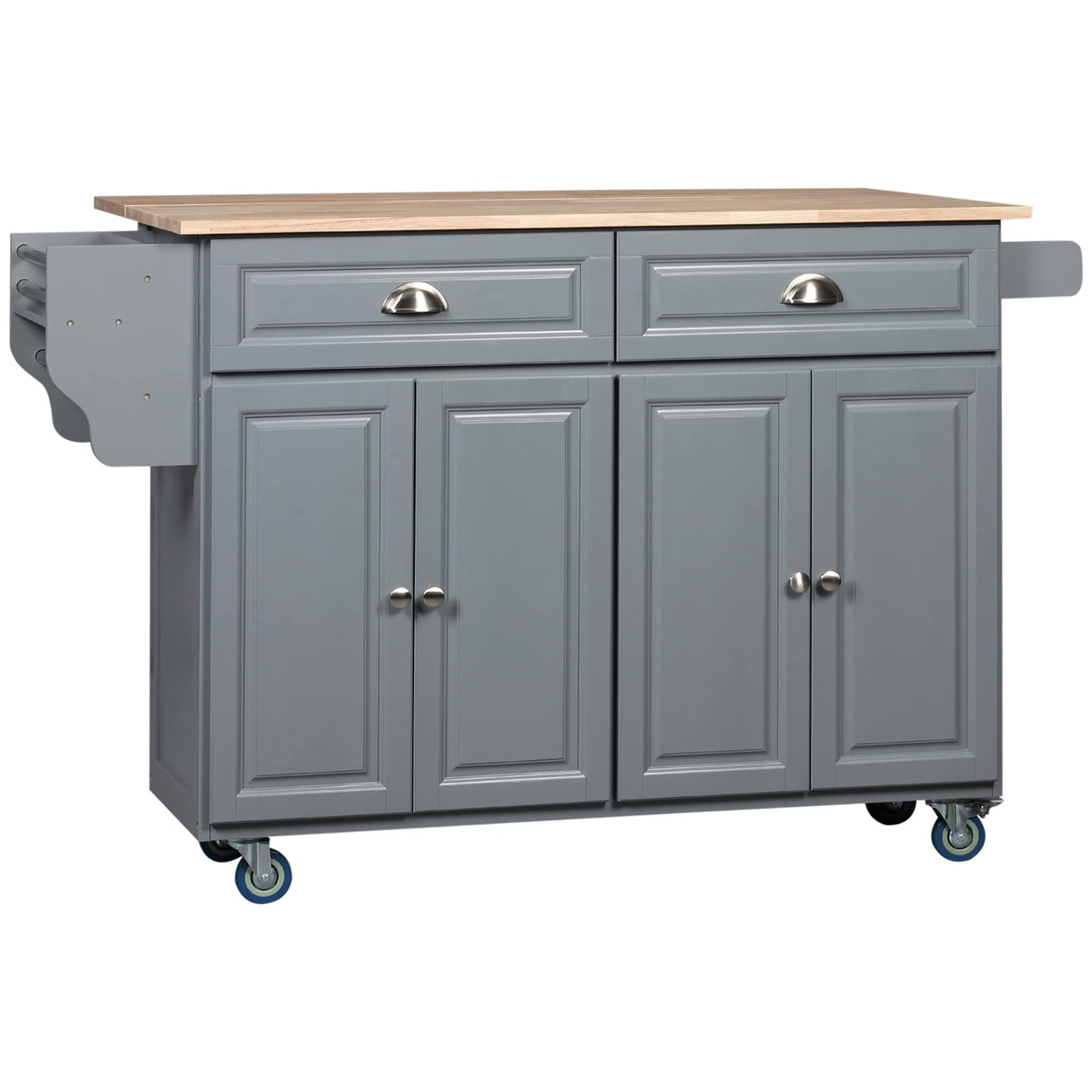 HOMCOM Rolling Kitchen Island Drop Leaf, Kitchen Cart on Wheels, Solid Wood Top Breakfast Nook with Storage Drawers, 4-Door Cabinets and Spice Rack, Dark Gray HOMCOM