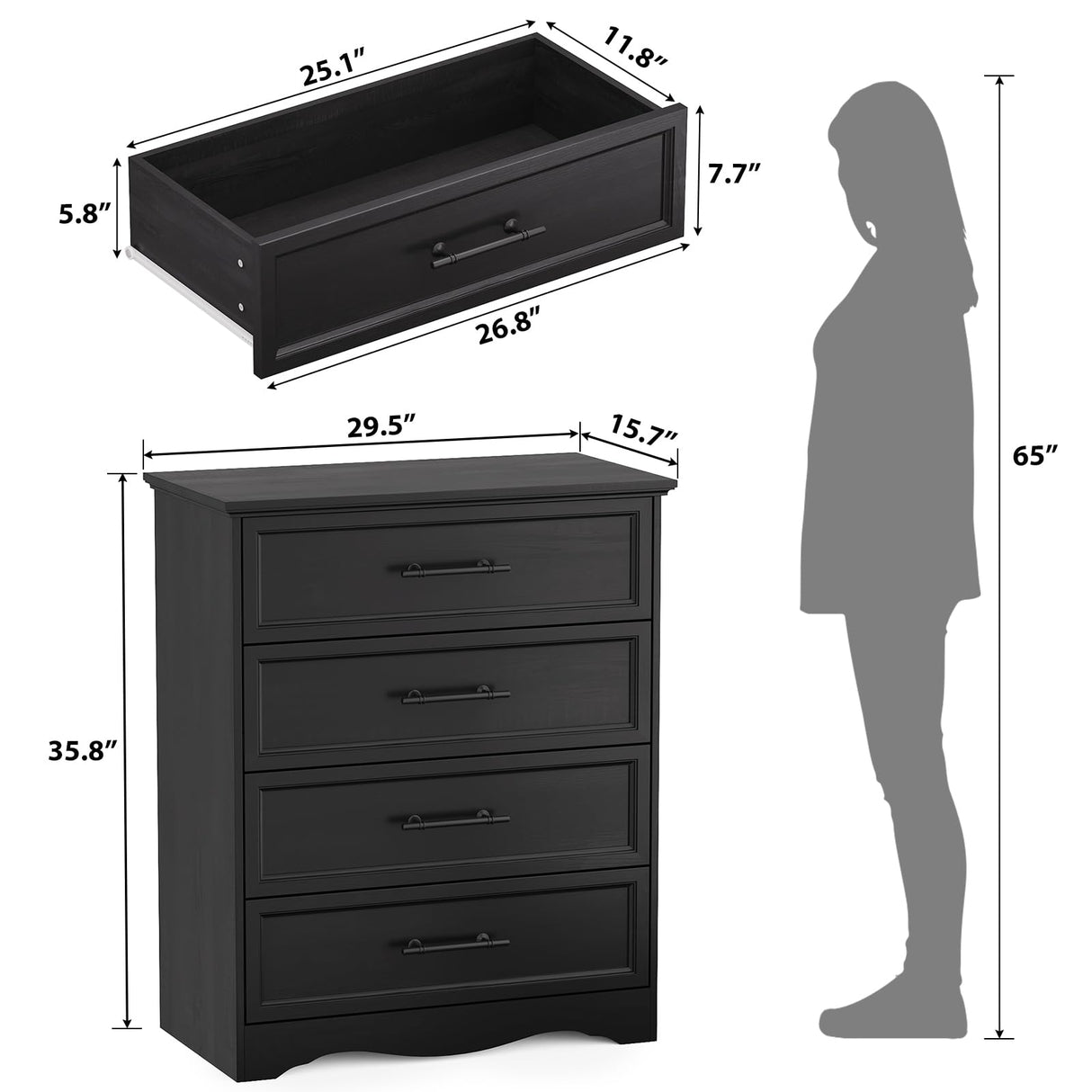 Black Dresser for Bedroom, Farmhouse 36" Tall 4 Drawer Chest with Sleek Brushed Metal Handles, Modern Wood Storage Cabinet with Unique Base Design, Closet Organizer for Bedroom, Living Room, Hallway YANSNWO