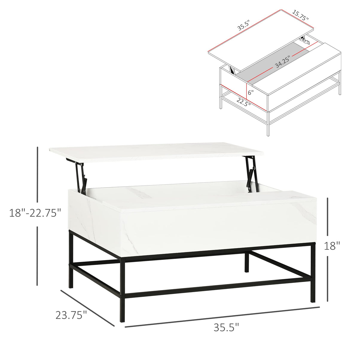 HOMCOM Modern Lift Top Coffee Table with Hidden Storage Compartment and Metal Legs, for Living Room, Home Office, White HOMCOM