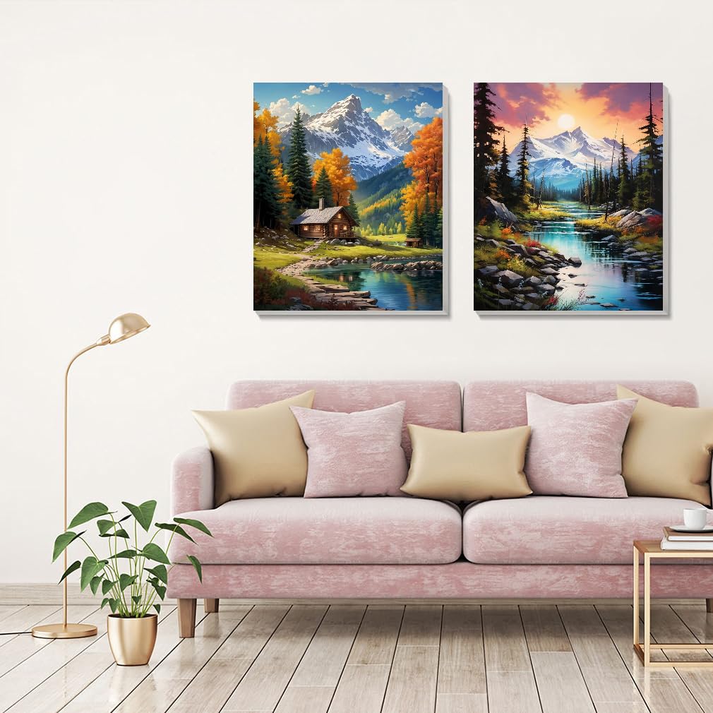 2 Pack Mountain Paint by Numbers Kit for Adults Beginner with Framed,Easy Adult Paint by Number Kits on Canvas DIY Painting for Beginners Art by Numbers for Home Wall Decor 10x12 Inch NEGEKFKX