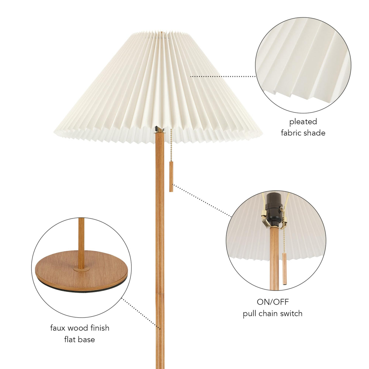 Globe Electric 61000053 62" Floor Lamp, Wood Toned, Pleated Fabric Shade, Flat Base, Pull Chain Switch on Socket, Reading Lamp, Home Office Accessories, Living Room Décor Globe Electric