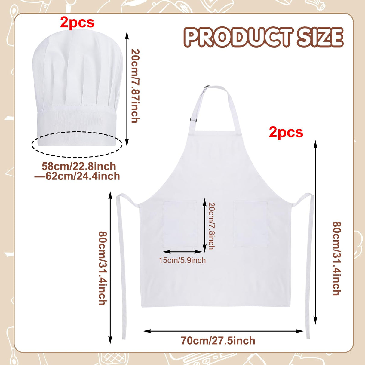 XLSXEXCL 2 Pack Chef Apron and Hat, Adjustable High Cooking Apron Waterproof Kitchen Baking Apron with Two Pockets and Elastic Chef's Hat Set for Women Men Father's Mother's Christmas Gift(White) XLSXEXCL