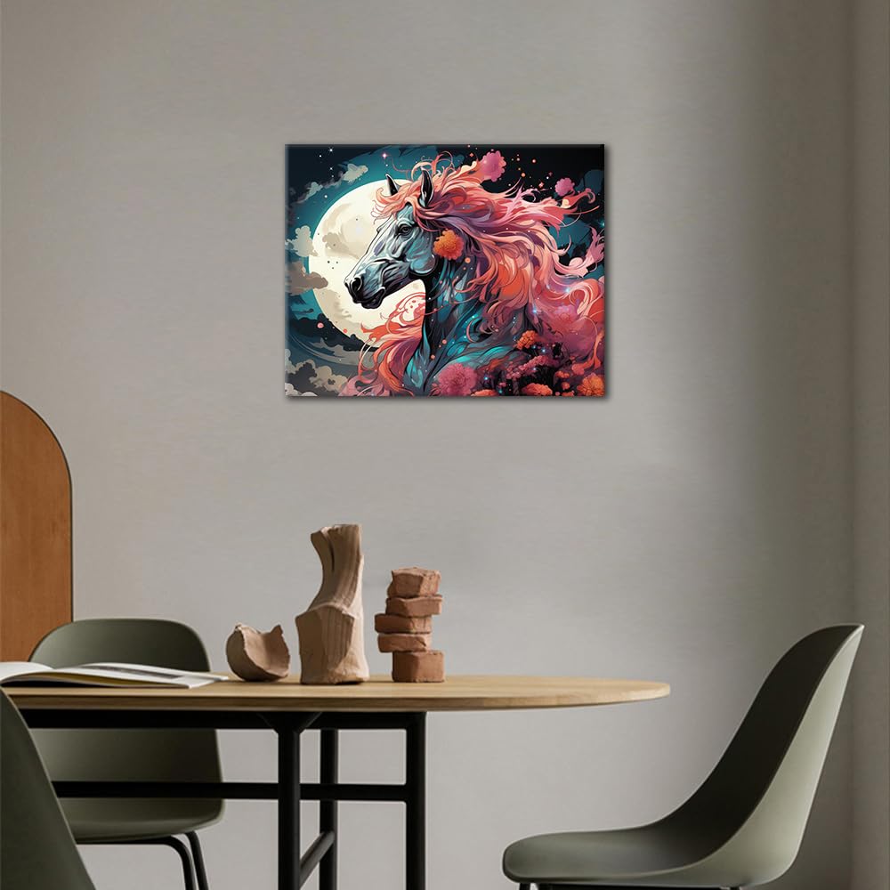 TUMOVO Paint by Numbers for Adults Moon, Flowers and White Horses Paint Number Kits Night Sky Adult Paint by Number Animals Adult Paint by Number Kits DIY Oil Painting Kits, 16 x20 Inch TUMOVO