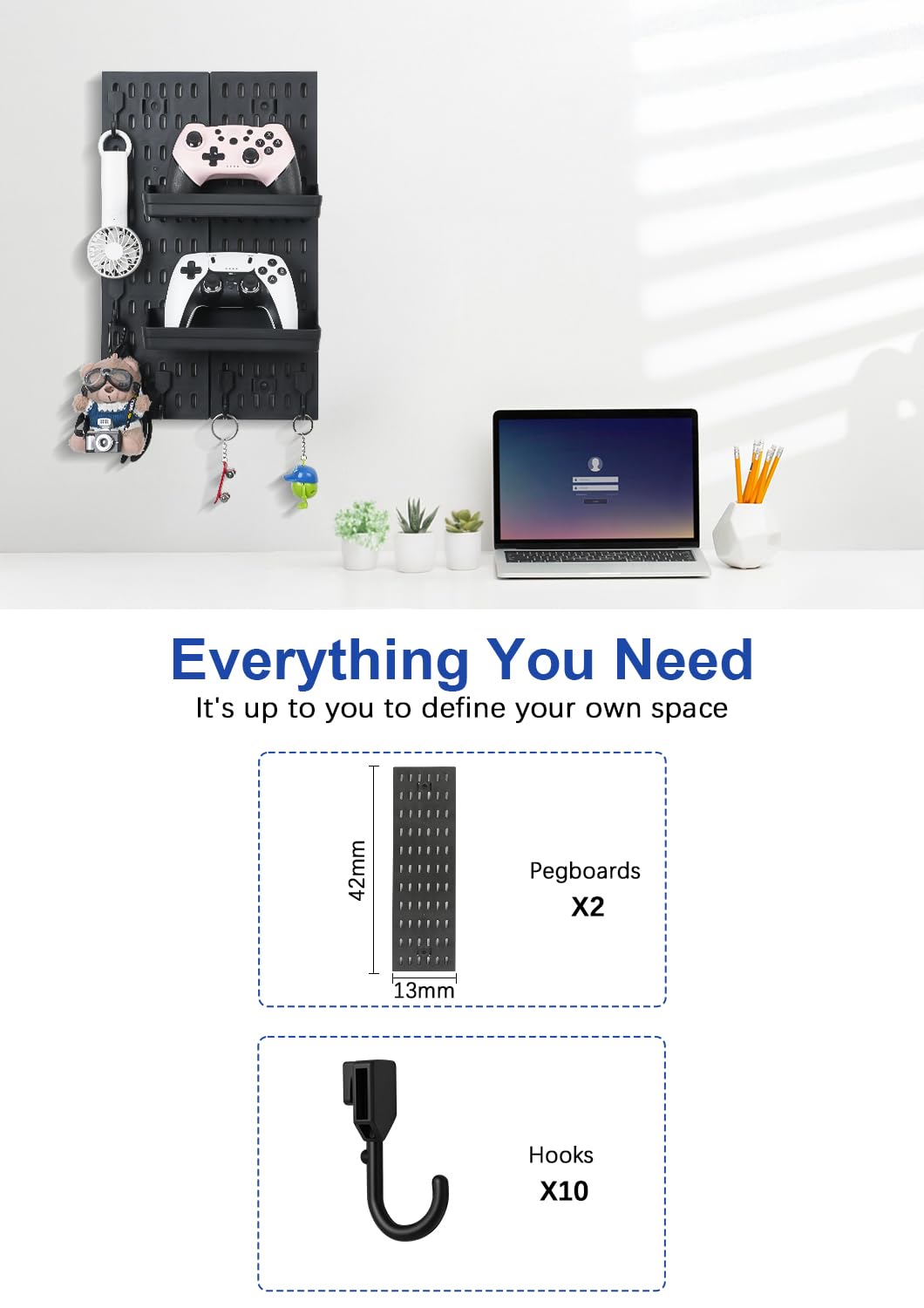 Pegboard Wall Organizer - Modular System for Gaming Setup, Office & Kitchen Storage Solutions Create A Perfectly Structured Space(Black,16″×12″) Colville