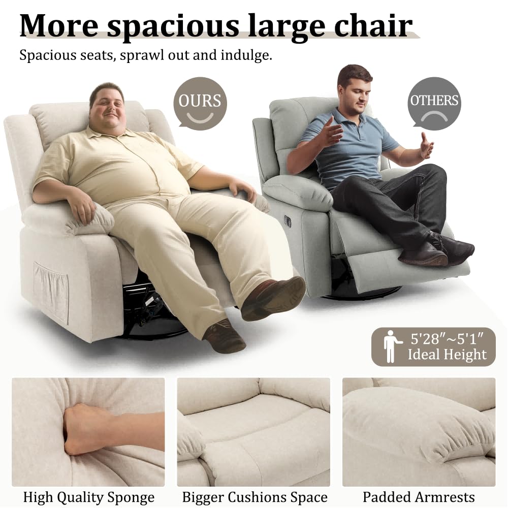 Korser Recliner Chair, Wide Rocker Chair, Rocking Chair with Massage and Heat,360°Swivel Nursery Rocking Chairs, Oversized Recliner for Adults, Cashmere Reclining Sofa for Living Room, Beige Korser