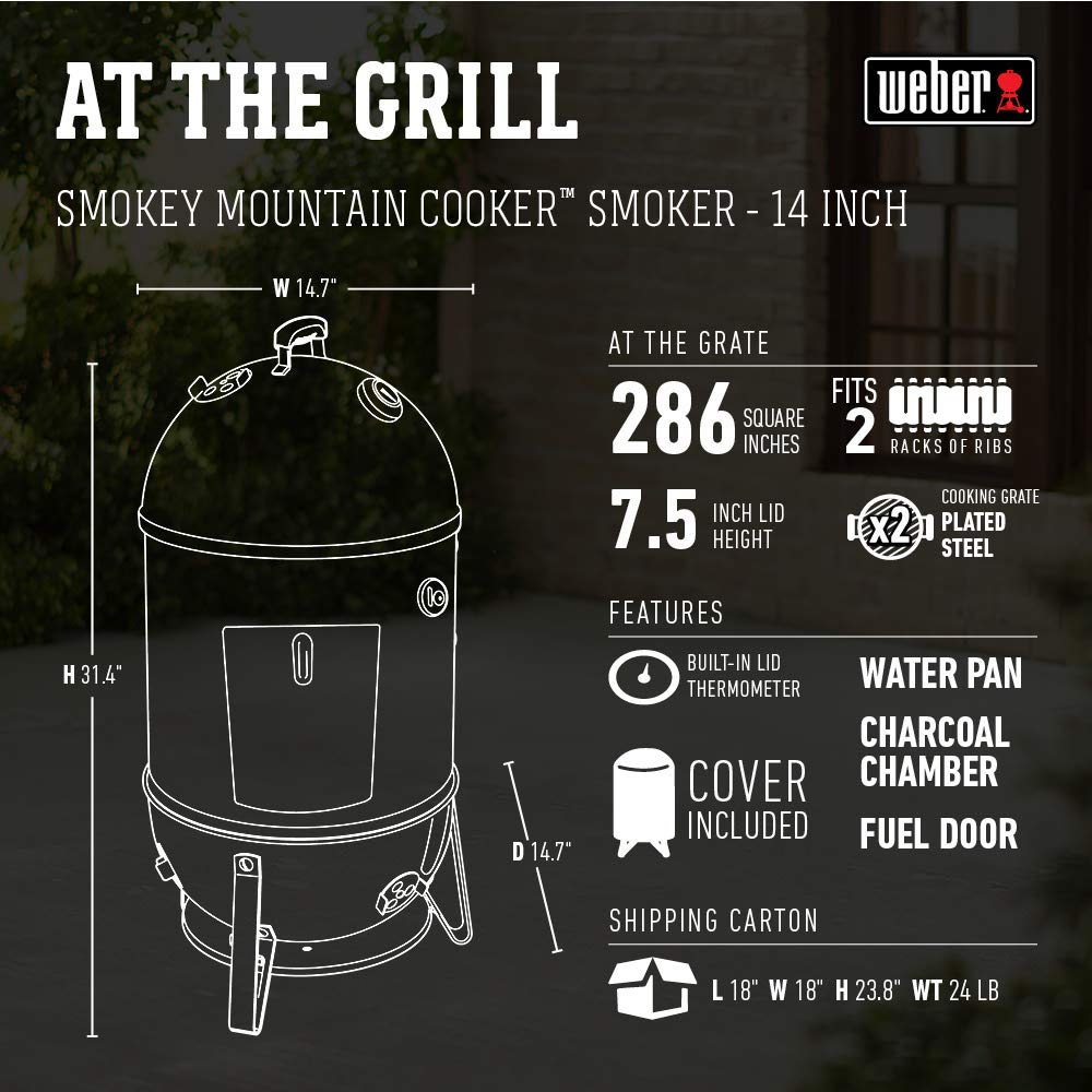 Weber 14.5 -inch Smokey Mountain Cooker, Charcoal Smoker,Black Weber