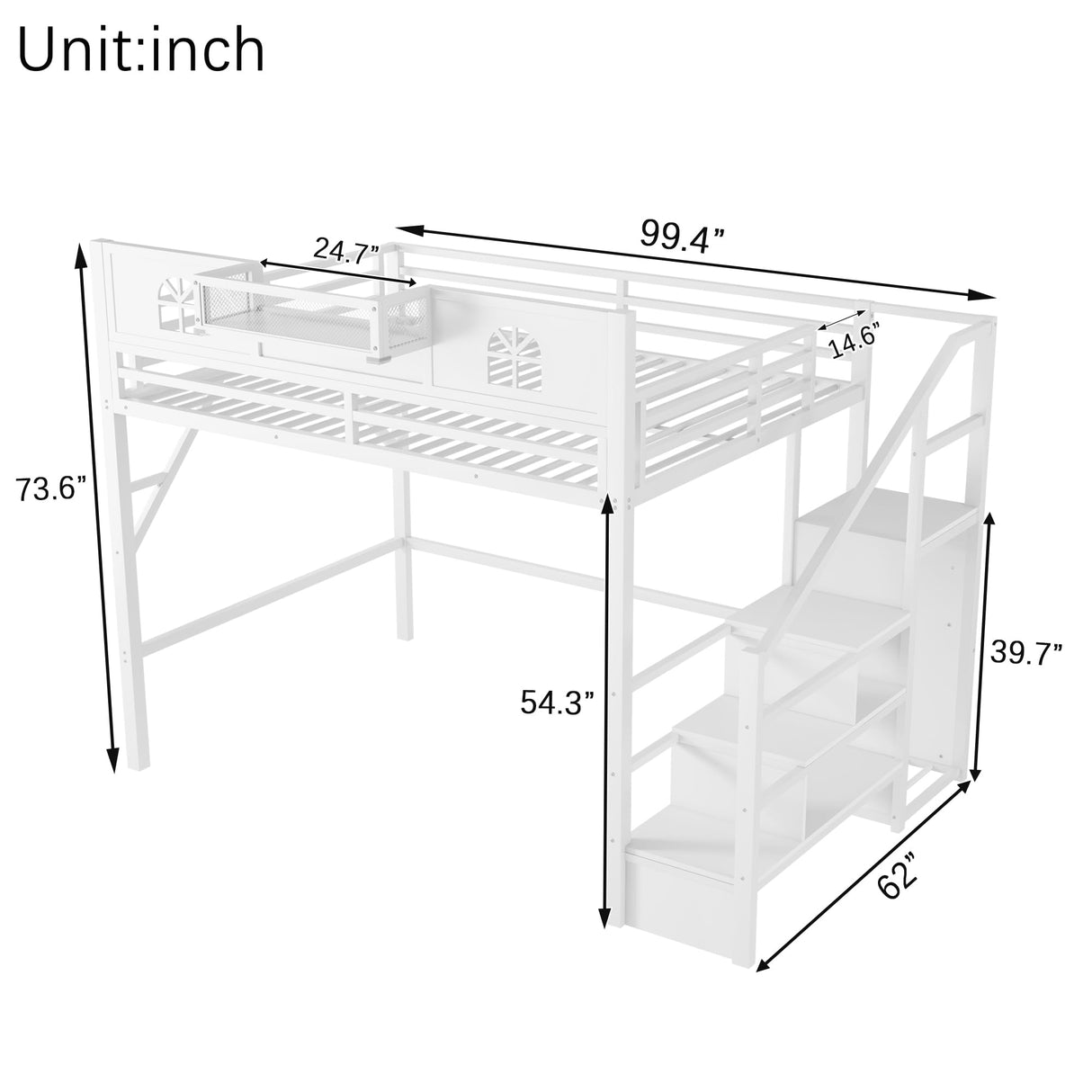 KEIKI Queen Size Loft Bed with Stairs & Storage Wardrobe, Kids Metal Bed Frame w/Safety House-shaped Guardrail, Space-saving Corner Beds w/Top Shelf for Teens, Easy Assembly Bedframe Queen-size, White KEIKI