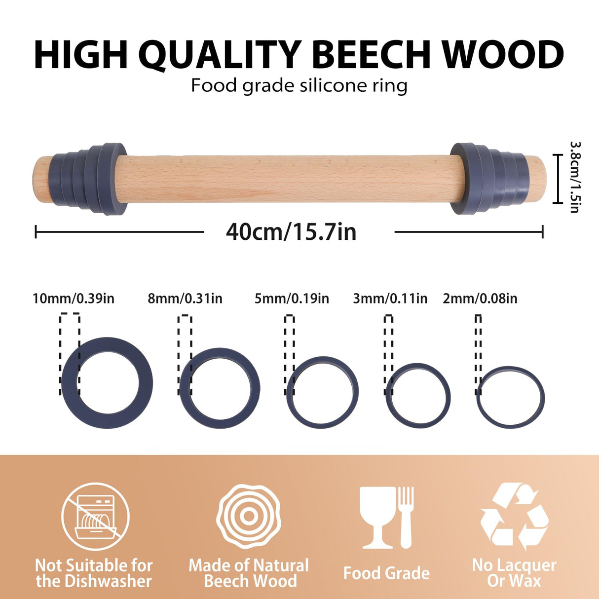 Adjustable Wood Rolling Pin with Thickness Rings for Baking -Non Stick Wooden Dough Roller Pin with Spacer Bands for Cookie,Pie Crust, Pastry Fondant and Bread By Folksy Super Kitchen (15.8, Grey) Folksy Super Kitchen