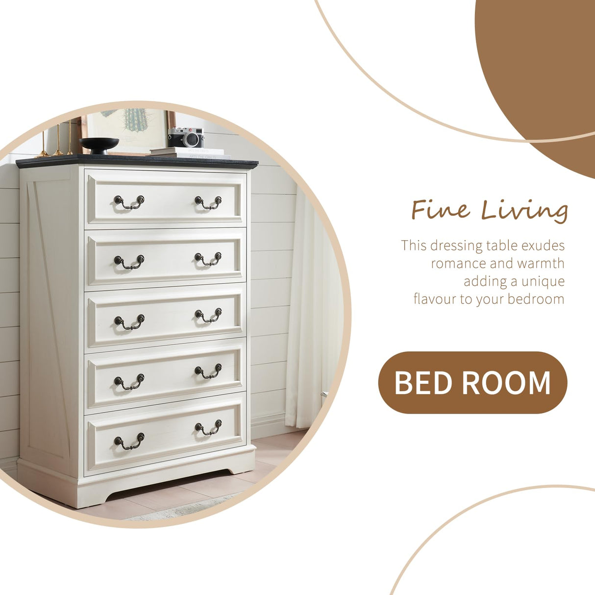 systemktesm Farmhouse 5 Drawers Dresser for Bedroom, 46" Tall Modern Chest of Drawers with Metal Handle, Rustic Dresser TV Stand, Wood Drawer Organizer for Bedroom, Living Room, Hallway (White) systemktesm