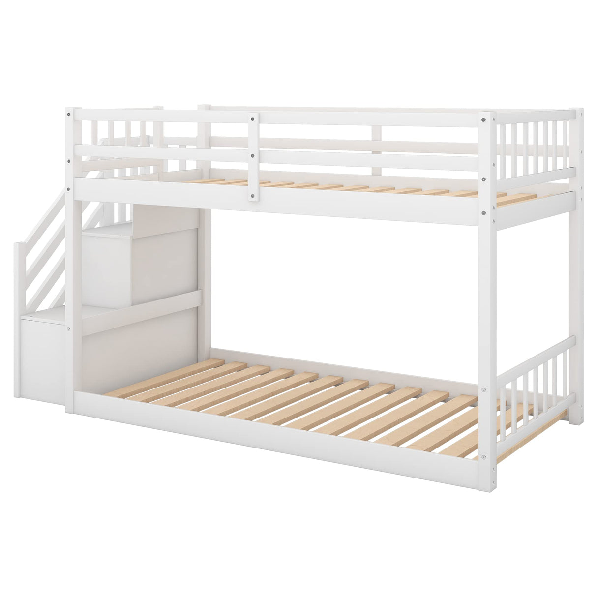 Harper & Bright Designs Low Bunk Beds Twin Over Twin Size, Solid Wood Bunk Bed with Storage and Guardrail for Kids and Toddler Harper & Bright Designs