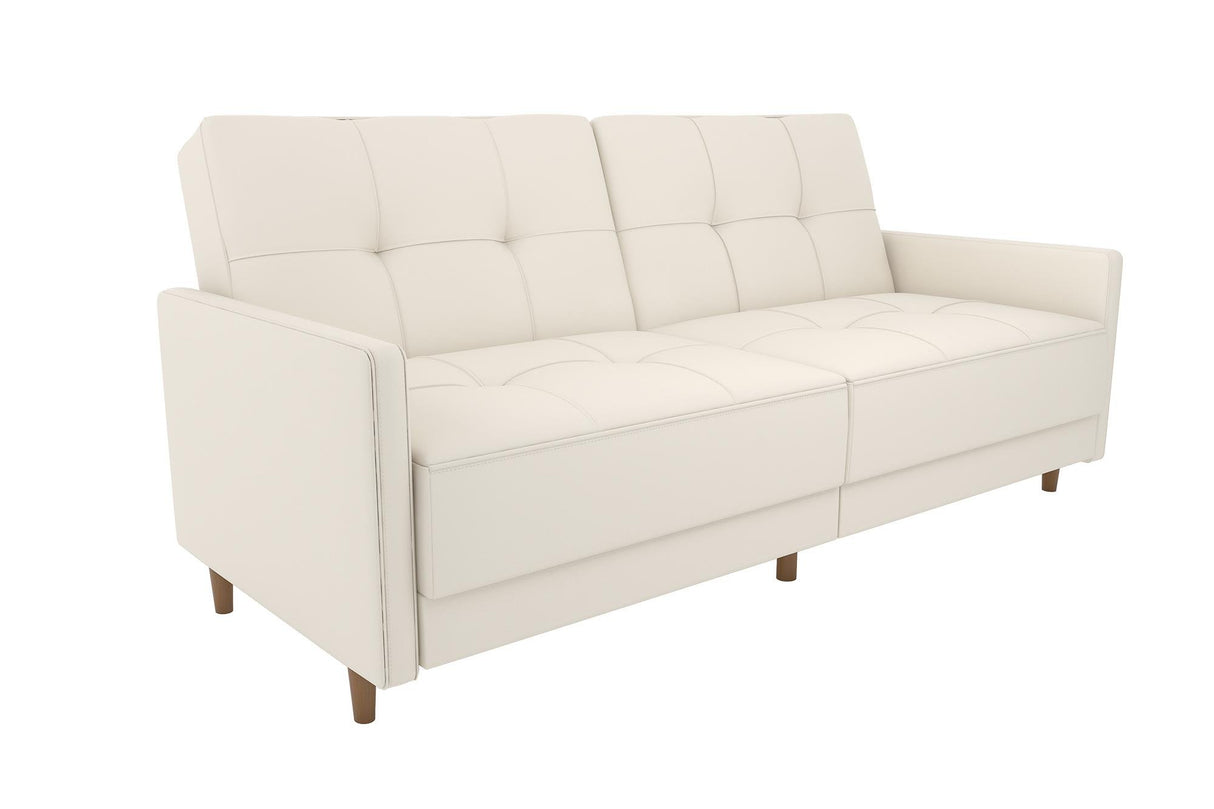 DHP Andora 76 Inch Futon Sofa Bed in Faux Leather, Modern Upholstered Couch Sleeper with Button Tufted Back and Seat, White DHP