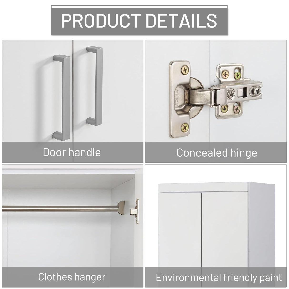 FurnitureR 2 Door Wardrobe, Wooden Armoire with Hanging Rod for Bedroom 68.2-Inch Wardrobe Storage Cabinet, White FurnitureR