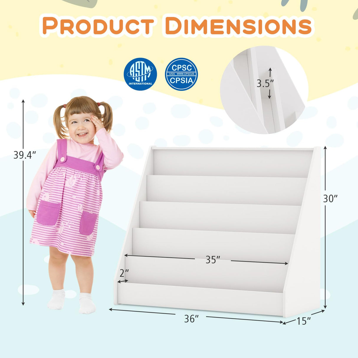 Costzon 5-Tier Kids Bookshelf, Wooden Children Bookcase, Toddler Book Rack, Magazine Storage & Display Shelf, Book Shelf for Kids Room, Living Room, Nursery, Classroom (White) Costzon