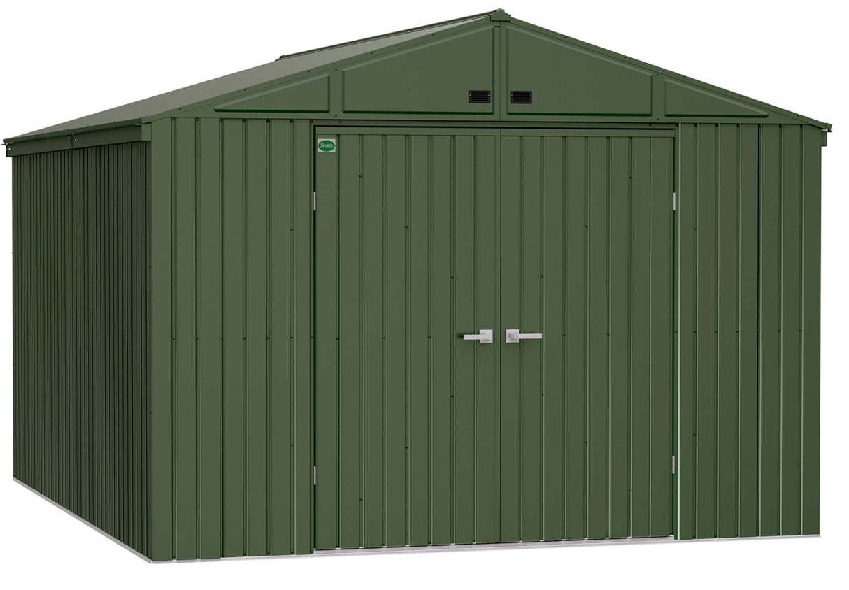 Scotts 10' x 12' Outdoor Lockable Water-Resistant Steel Storage Shed Building with Tool Hanger and Gable Roof, Green Scotts