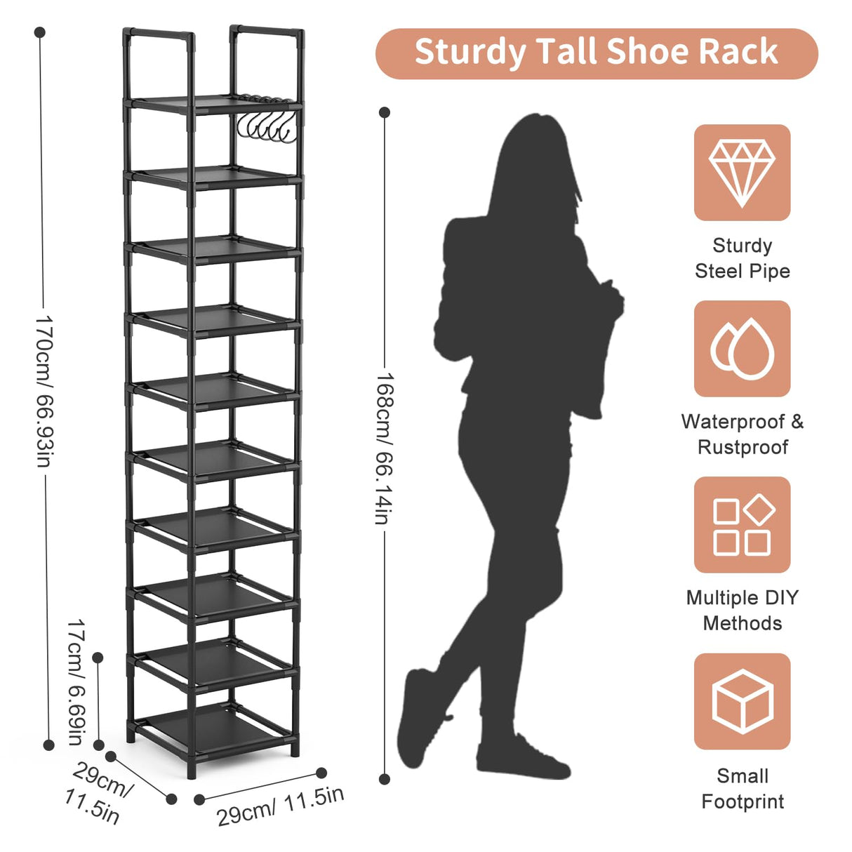 LANTEFUL Tall Narrow Shoe Rack for Entryway, 10-Tier Sturdy Metal Shoe Shelf Storage 10-15 Pairs of Shoes and Boots, Space Saving Corner Shoe Rack Organizer for Closet,Doorway,Garage,Living Room LANTEFUL