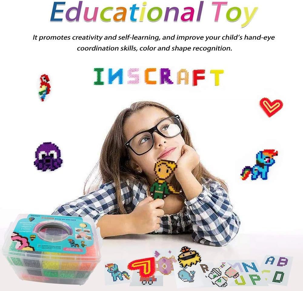 25,000 pcs Fuse Beads Kit 26 Colors 5MM, Including 127 Patterns, 4 Big Square, 1 Heart Pegboards, 1 Flower Ironing Paper, Tweezers, Beads Compatible by INSCRAFT INSCRAFT