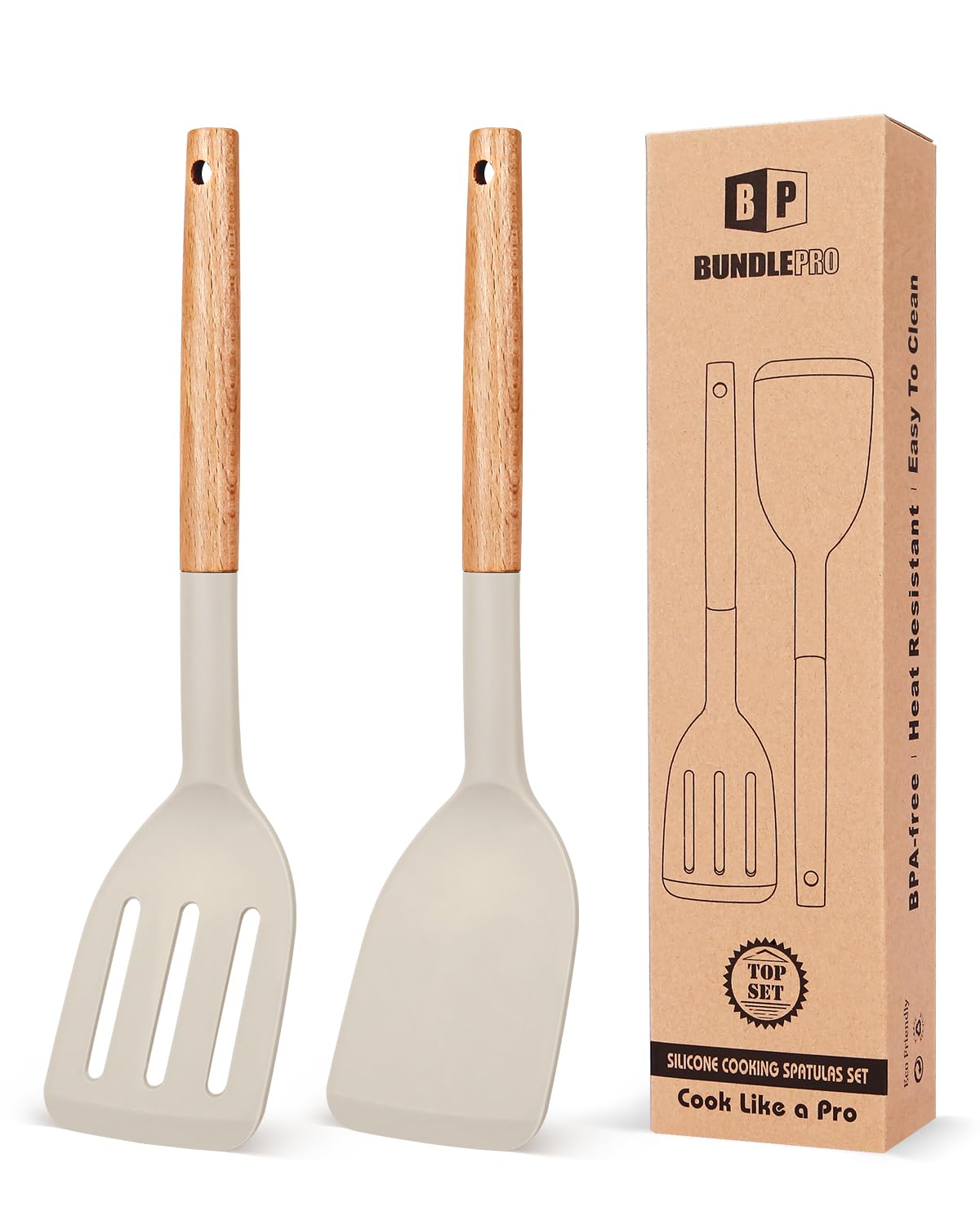 Pack of 2 Silicone Cooking Spatula, Heat Resistant Solid Turner, Non Stick Slotted Spatulas with Wooden Short Handle,Ideal Wood Kitchen Utensils Set for Frying, Baking, Flipping, Turning BUNDLEPRO