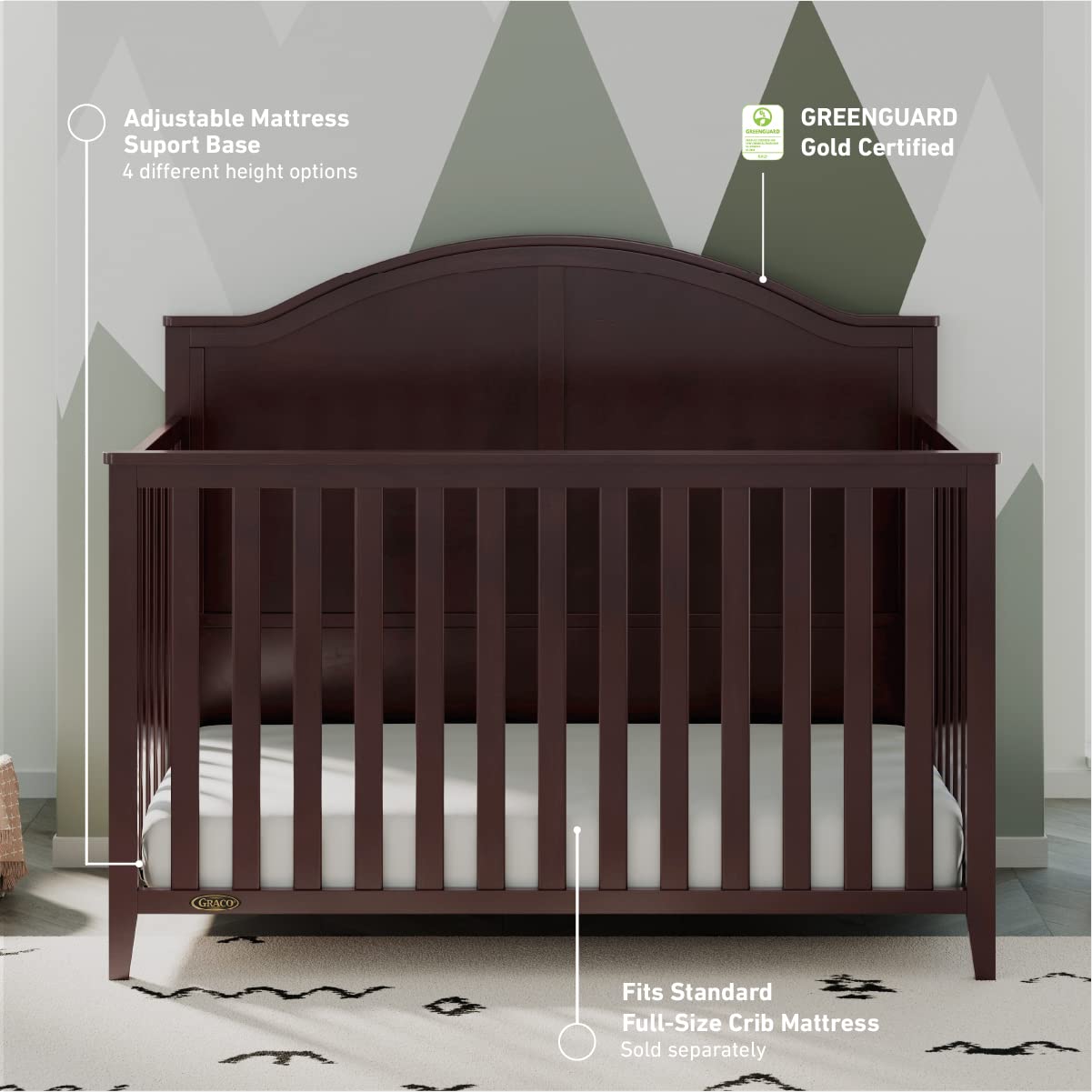 Graco Wilfred 5-in-1 Convertible Crib (Espresso) – GREENGUARD Gold Certified, Converts to Toddler Bed and Full-Size Bed, Fits Standard Full-Size Crib Mattress, Adjustable Mattress Support Base Graco