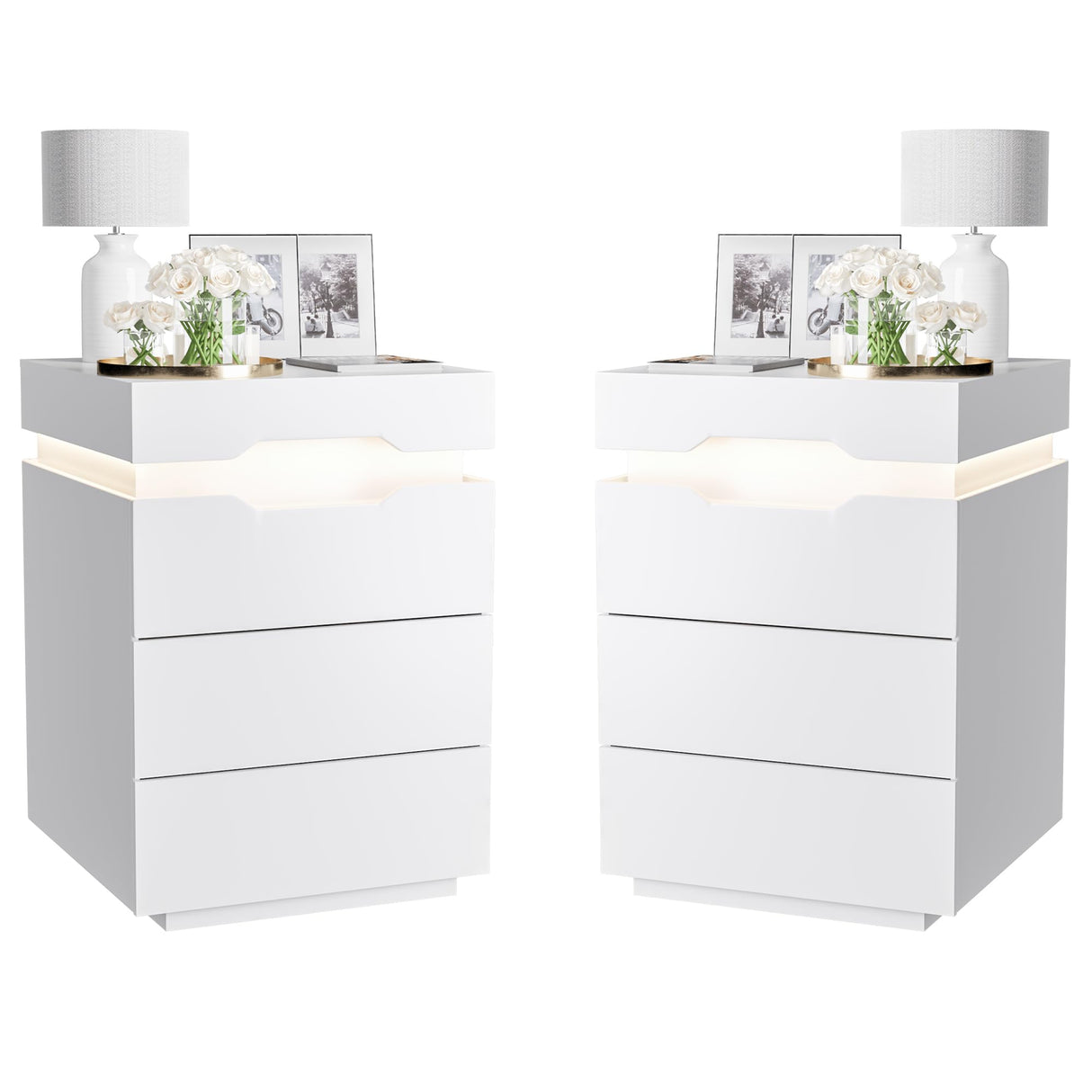 YESHOMY Nightstand with LED Light and Charging Station, Endtable with 3 Drawers, Bedside Table with Large Capacity, for Bedroom, Set of 2, 27.5" Height, White YESHOMY