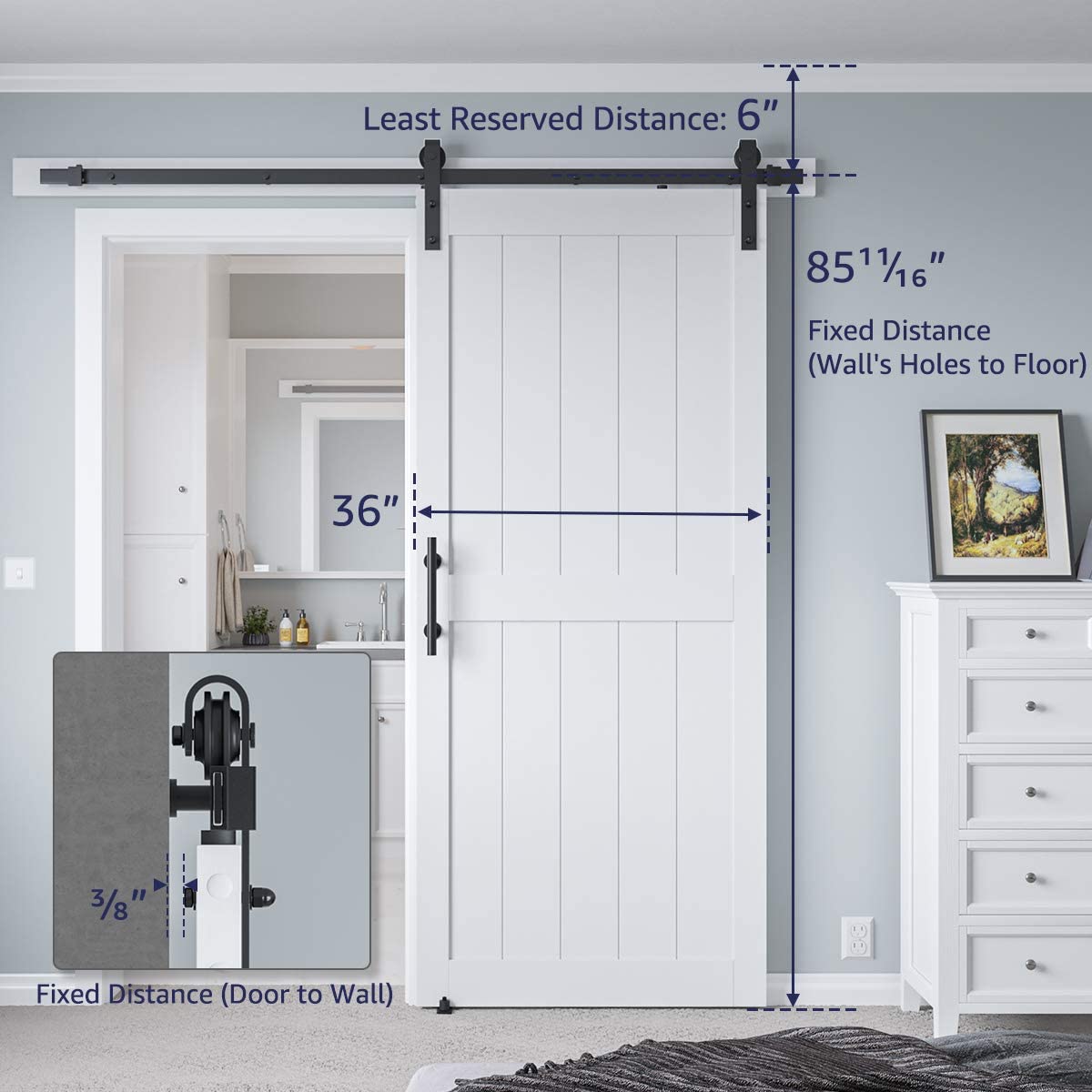 COSHOMER 36in x 84in MDF Sliding Barn Door with 6.6ft Barn Door Hardware Kit & Handle, Pre-Drilled Holes Easy Assembly -Solid Barn Door Slab Covered with Water-Proof PVC Surface, White, H-Frame COSHOMER