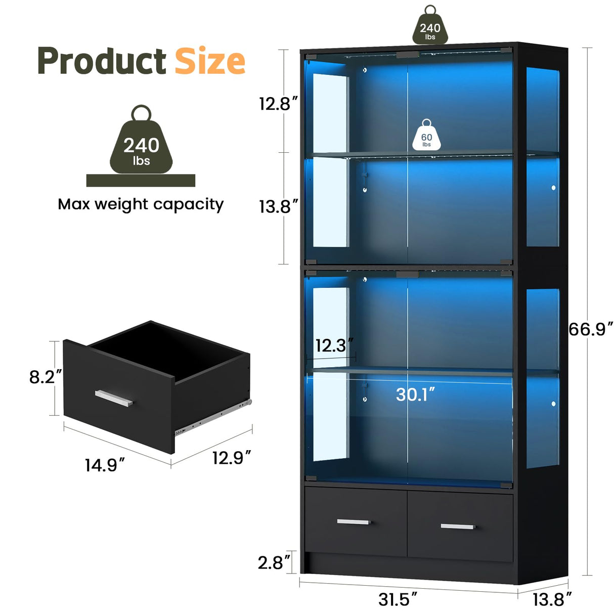 Lamtor Display Cabinet with Glass Doors - 67" Curio Cabinet for Collectibles with RGB LED Lights and 2 Drawers, 4 Tier Glass Display Case for Living Room, Office, Black Lamtor