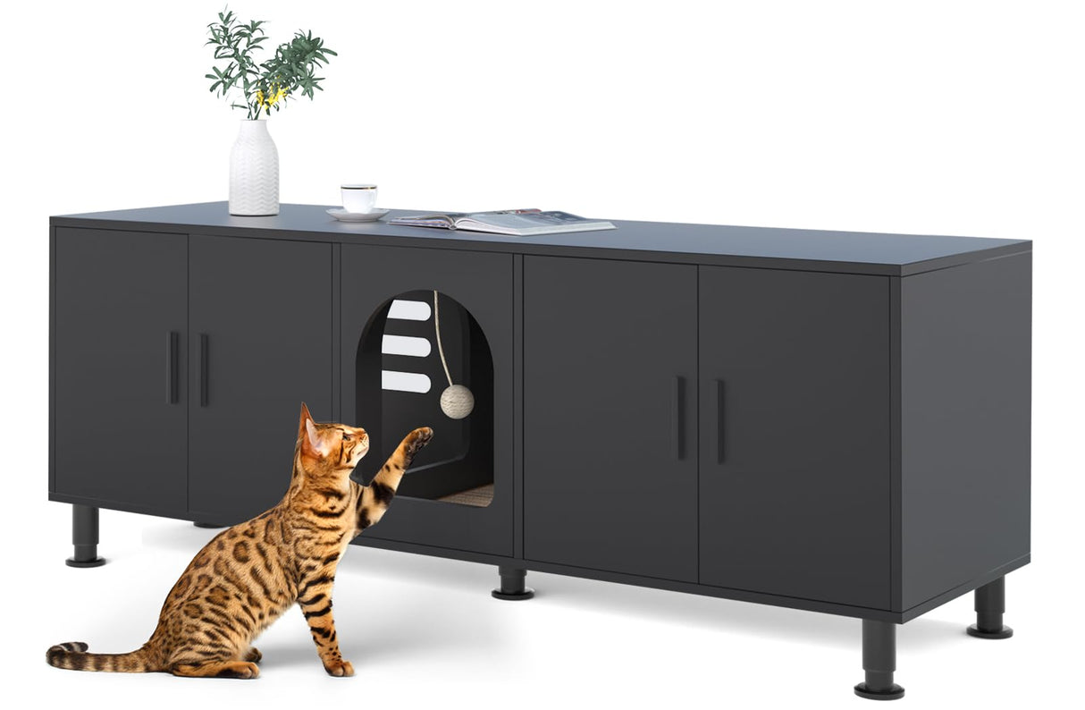 Amunrbrek Double Litter Box Enclosure, Litter Box Enclosure for 2 Litter Boxes, Modern Litter Box Furniture for 2 Cats, with Cat Door & Motion Light (Black) amunrbrek