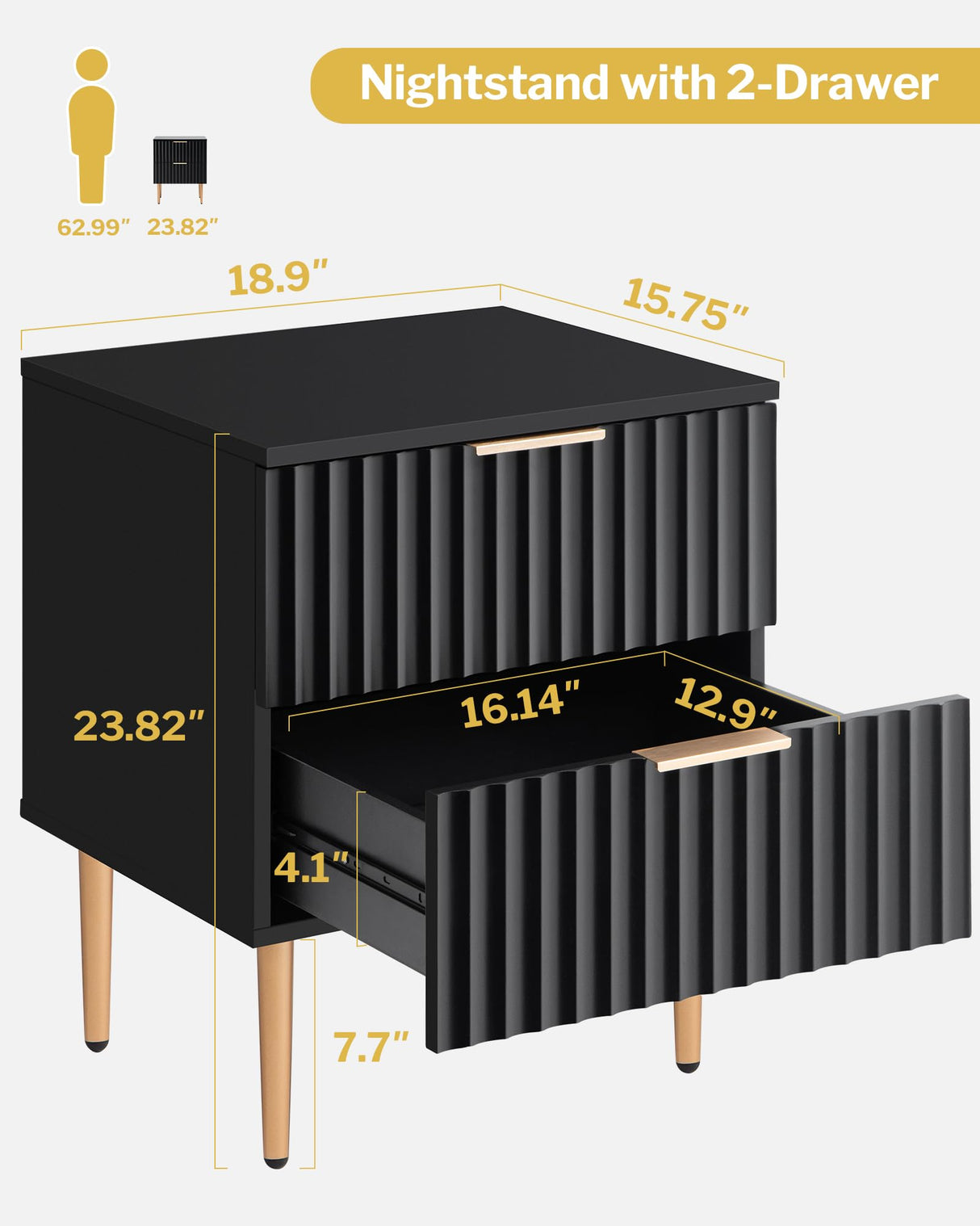 SICOTAS Black Night Stand Set 2, Wide Fluted Nightstand with 2 Drawers, Modern Glossy Storage Bedside Table for Bedroom, End Side Table with Golden Metal Legs and Handles SICOTAS