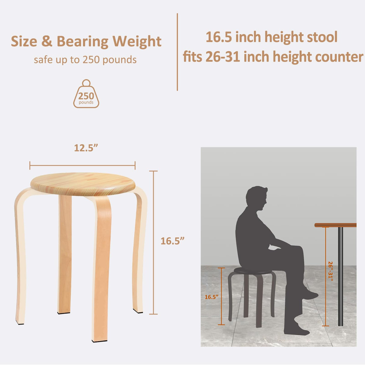 Wood Stools, Set of 2 Wooden Stackable Stool Extra Seating for Kids, Guests, Portable Round 16.5-Inch, Counter Height Stools for Living Room, Backyard, Classroom, Kitchen, Pland Stand, Apartment WINZONE