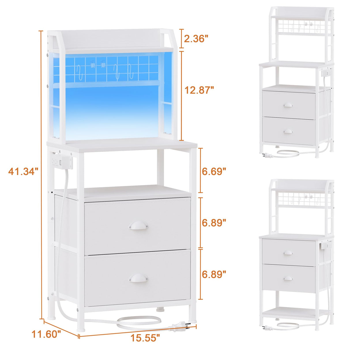 Furologee Tall Nightstand with Charging Station & LED Lights, 41'' Bedside Table with 2 Drawers & Pegboard, White Night Stand with Hooks & Folders, End Table with Shelves for Bedroom/Living Room Furologee
