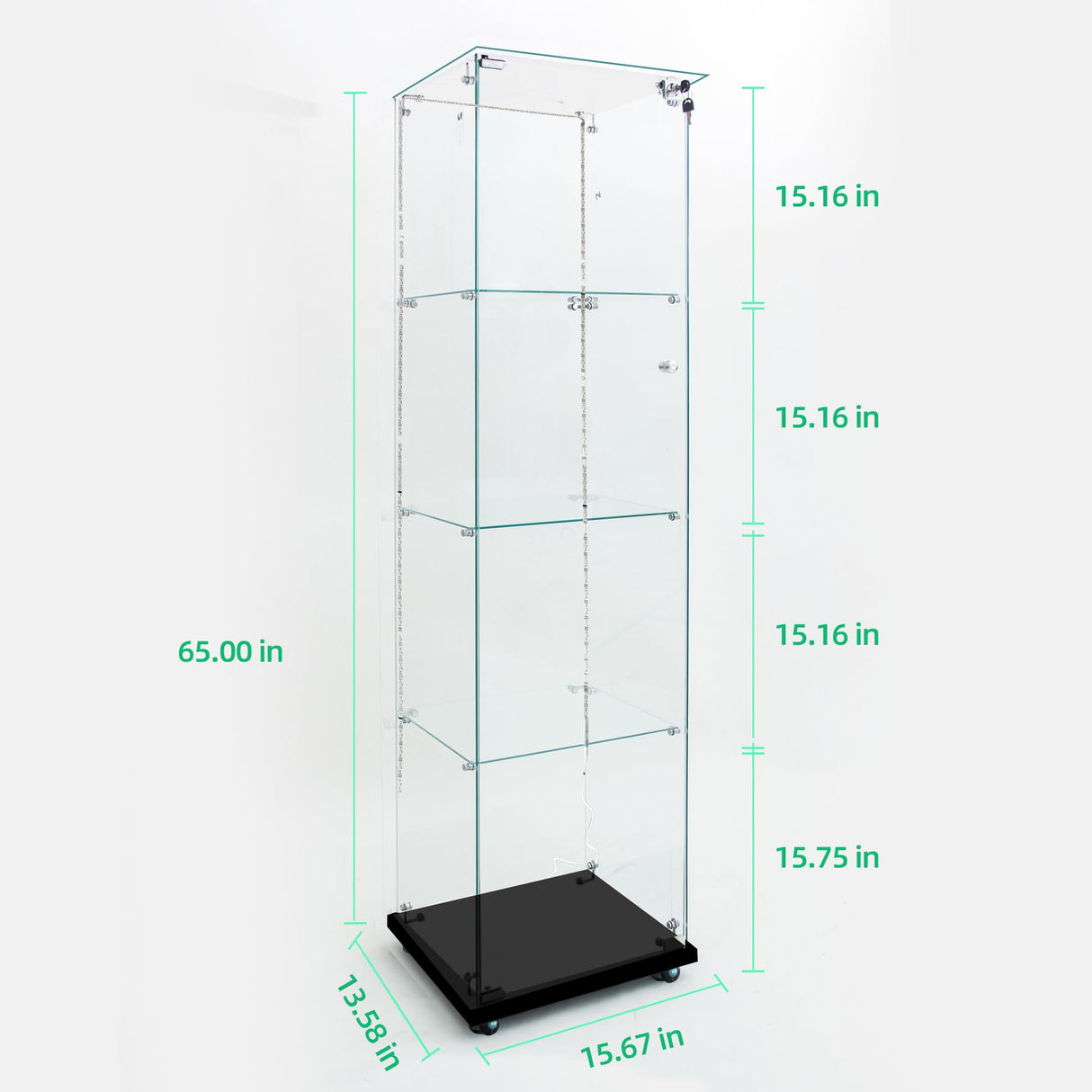 Yoluckea 4 Tiers Glass Display Cabinet with Bluetooth LED Light Strip, 1 Door Floor Standing Curio Cabinet with Universal Wheel for Home Office Display, Black Glass Bookshelf for Collections,Clear Top Yoluckea