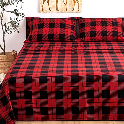 KACEMOO King Size Bed Sheets Set 4PC - Red Black Plaid Printed Sheet Soft Cooling 1800 Thread Count Brushed, 8-17'' Deep Pocket Kids Pattern Bed Sheet, Machine Washable Patterned Double Bedding Set KACEMOO