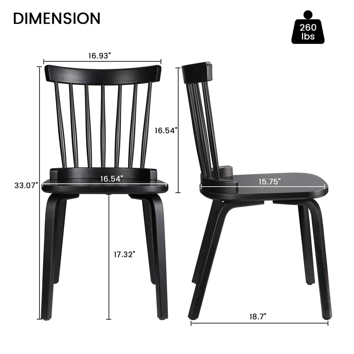 Unovivy Wood Dining Chairs Set of 4, Farmhouse Spindle Back, Widen Seat, Modern Mid-Century Country Style, for Living Room Restaurant, Black Unovivy