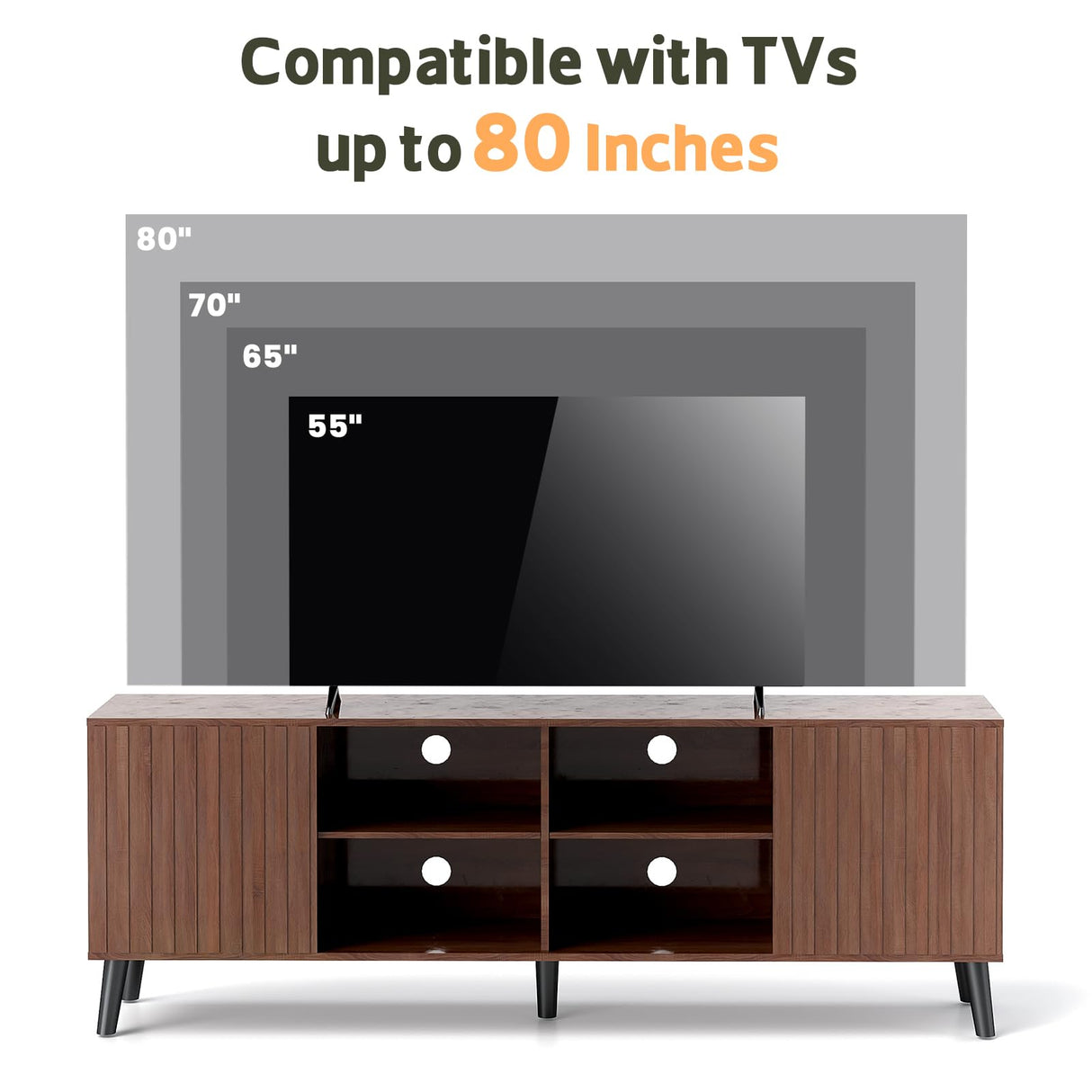 Lamtor Mid-Century Modern TV-Stand - Fluted TV Stand for 80 75 65Inch TV, Entertainment Center with Storage, Media Console with Adjustable Shelves for Living Room, Walnut Lamtor