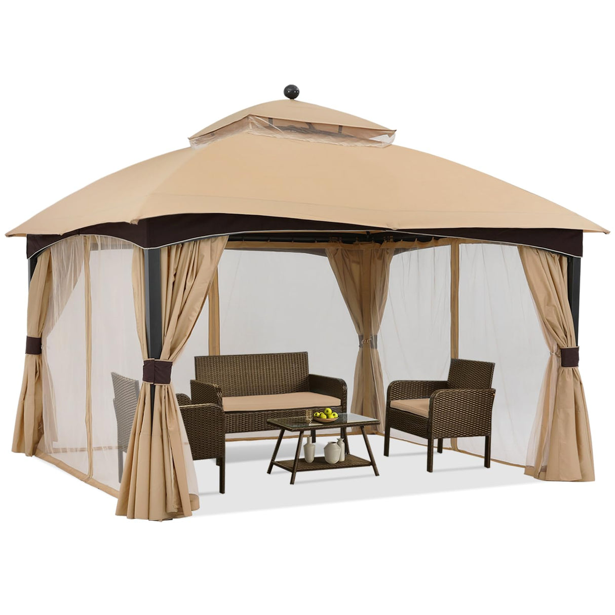 ABCCANOPY Outdoor Gazebo 11x13 with Netting - Double Roof Patio Gazebos for Backyard Garden Deck Lawn, Beige ABCCANOPY